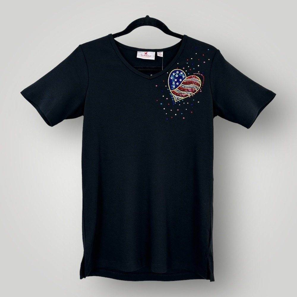 NEW Quacker Factory Black Tee Womens XXS Sequin Flag Heart Short Sleeve Top